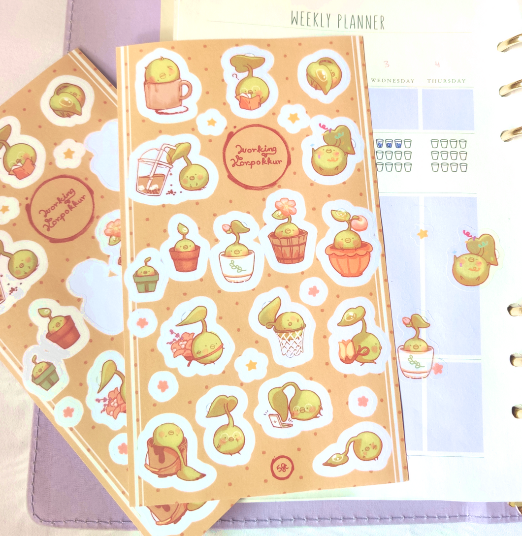 Working Korpokkur sticker sheet filled with Korpokkurs at different stages of work. No longer just digital. It now has physical form. These korpokkurs have become more powerful.